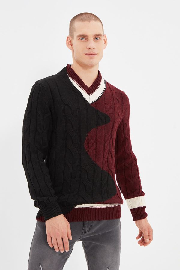 Trendyol Trendyol Claret Red Men Regular Fit V-neck Knitwear Sweater