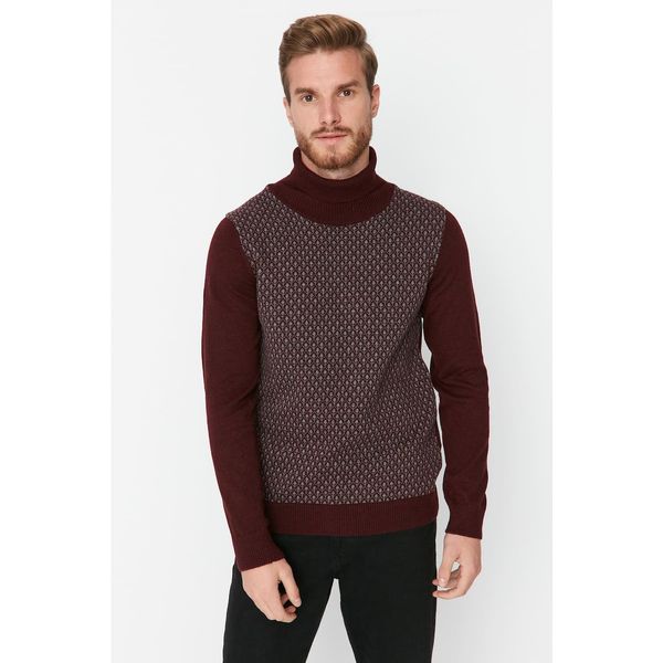 Trendyol Trendyol Claret Red Men Slim Fit Turtleneck Jacquard Paneled Smart Knitwear Sweater