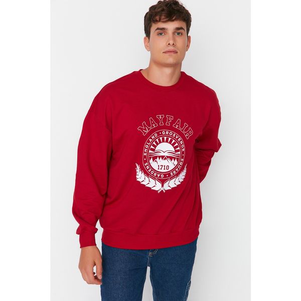 Trendyol Trendyol Claret Red Men's Oversize Crew Neck Long Sleeve Printed Sweatshirt