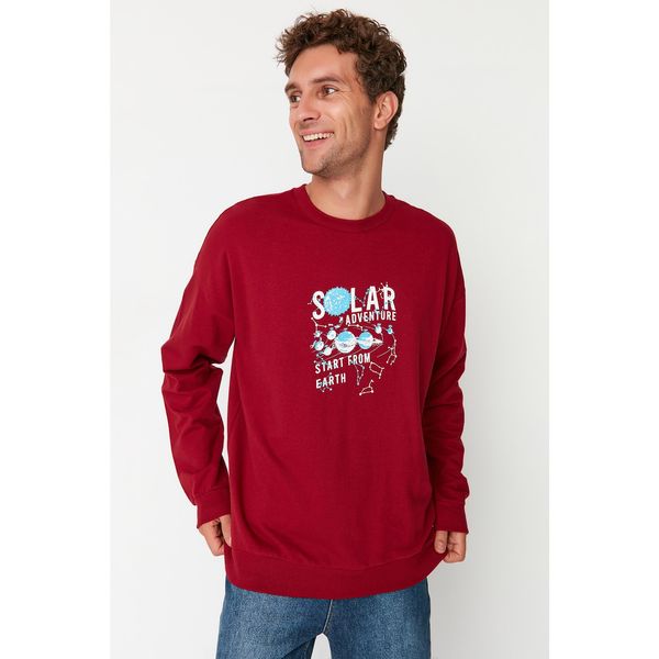 Trendyol Trendyol Claret Red Men's Oversize Fit Crew Neck Printed Sweatshirt