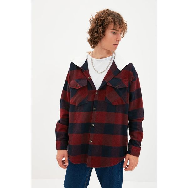 Trendyol Trendyol Claret Red Men's Oversize Hooded Plaid Lumberjack Shirt