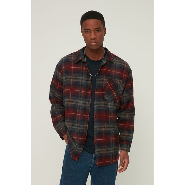 Trendyol Trendyol Claret Red Men's Oversize Shirt Collar Lumberjack Plaid Single Pocket Shirt