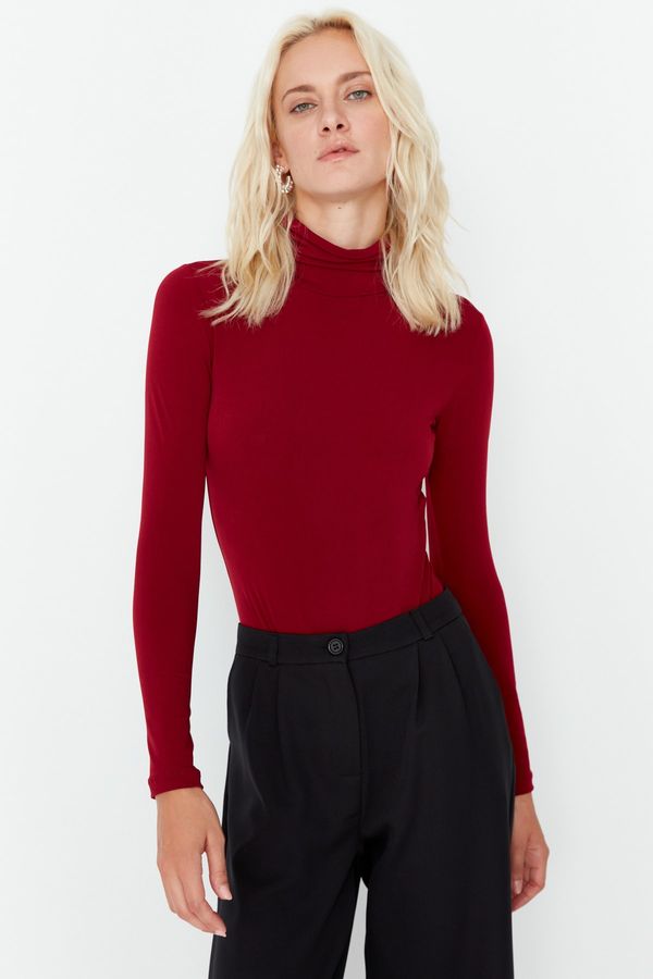 Trendyol Trendyol Claret Red Ruffle Detailed Knitted Body With Snap Neck