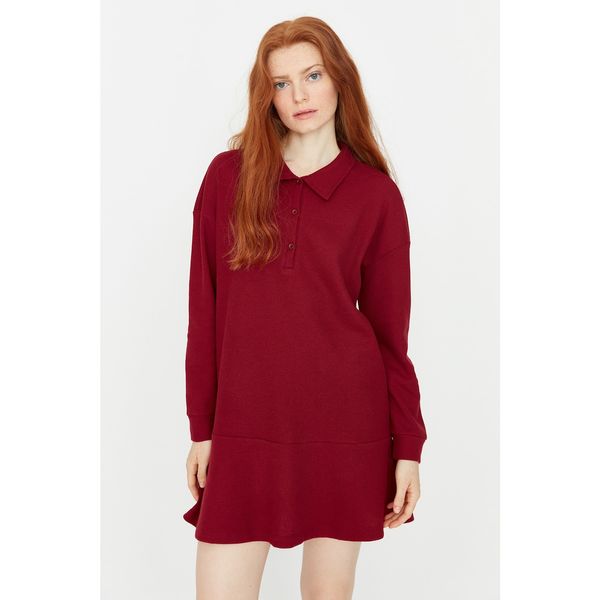 Trendyol Trendyol Claret Red Shirt Collar Buttoned Waffle Knitted Dress