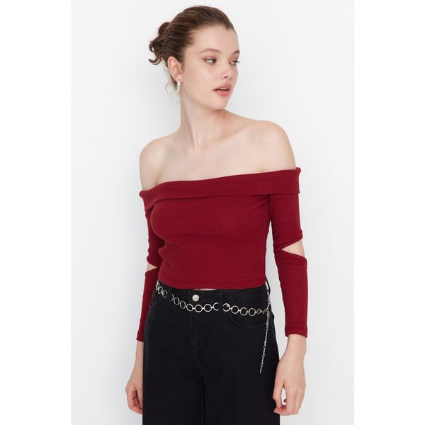 Trendyol Trendyol Claret Red Sleeve Cut Out Detailed Carmen Collar Corduroy Knitted Blouse