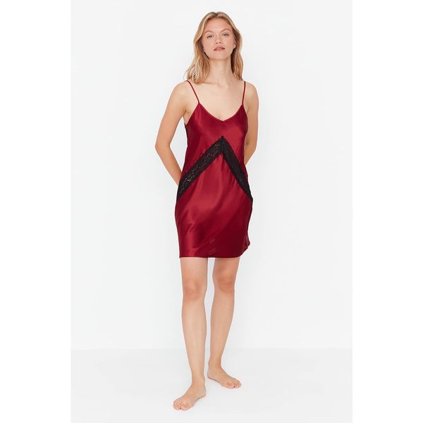 Trendyol Trendyol Claret Red Strap Lace Detailed Satin Woven Nightgown