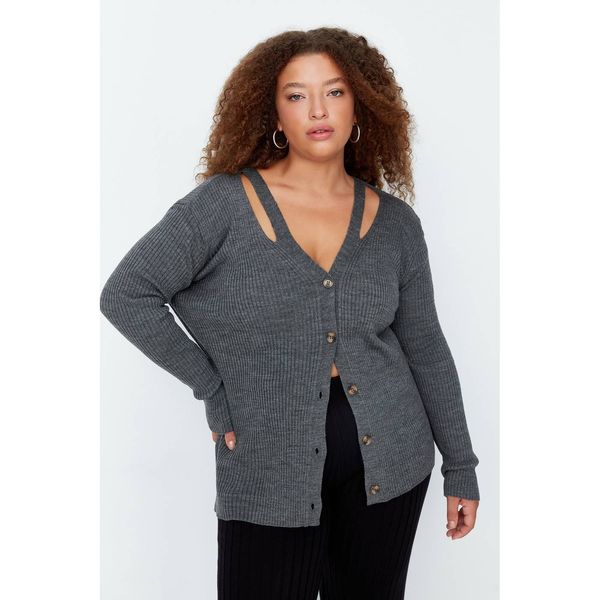 Trendyol Trendyol Curve Anthracite V Neck Tape Detailed Buttoned Knitwear Cardigan