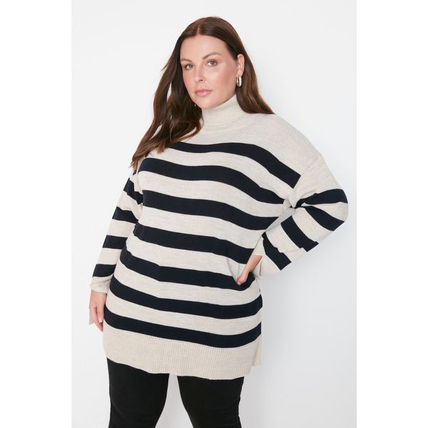 Trendyol Trendyol Curve Beige Turtleneck Striped Knitwear Sweater