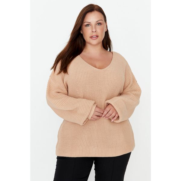 Trendyol Trendyol Curve Beige V Neck Knitwear Sweater