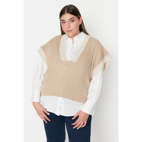 Trendyol Trendyol Curve Beige V Neck Knitwear Sweater