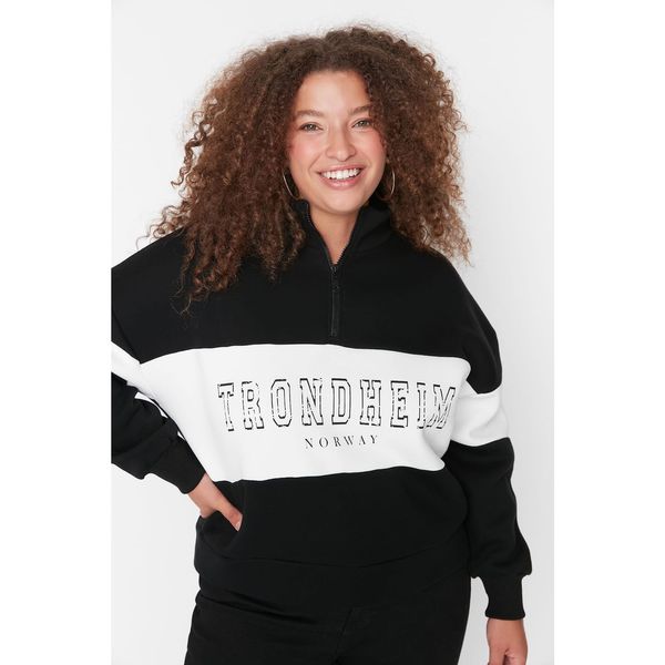 Trendyol Trendyol Curve Black Color Block Zippered Stand Up Collar Knitted Sweatshirt