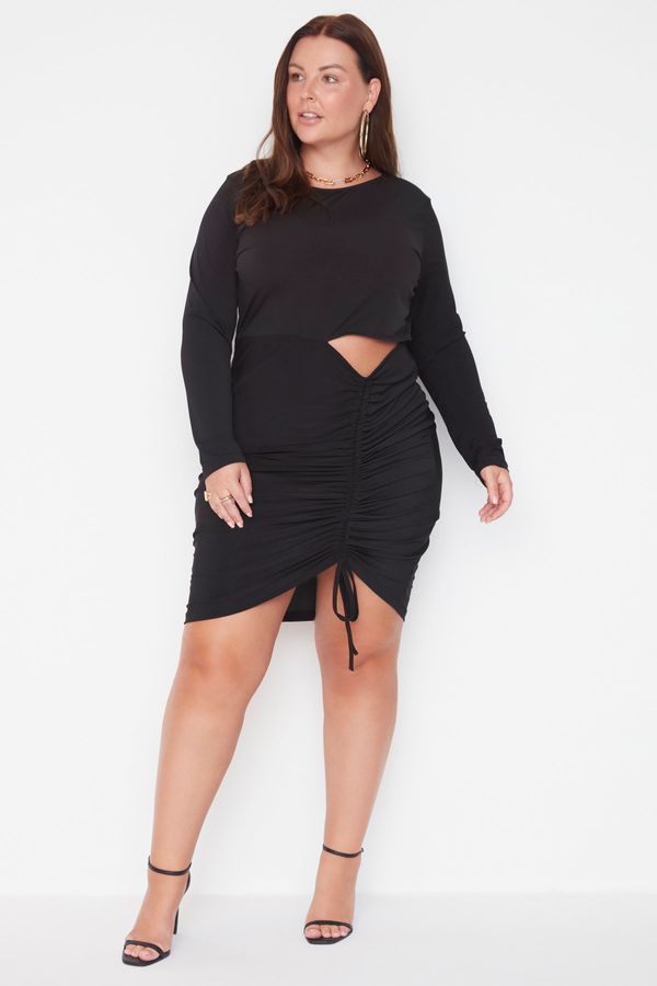 Trendyol Trendyol Curve Black Crew Neck Waist Cut Out Detailed Pleated Knitted Dress
