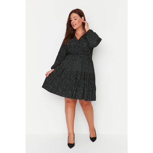 Trendyol Trendyol Curve Black Double Breasted Collar Patterned Knitted Dress