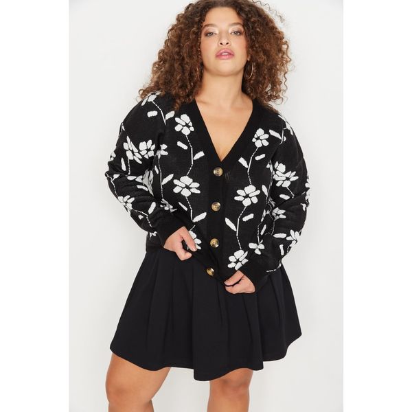 Trendyol Trendyol Curve Black Floral Patterned Knitwear Cardigan