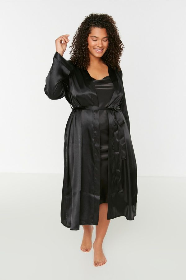 Trendyol Trendyol Curve Black Satin Kimono - Nightgown 2 Piece Set