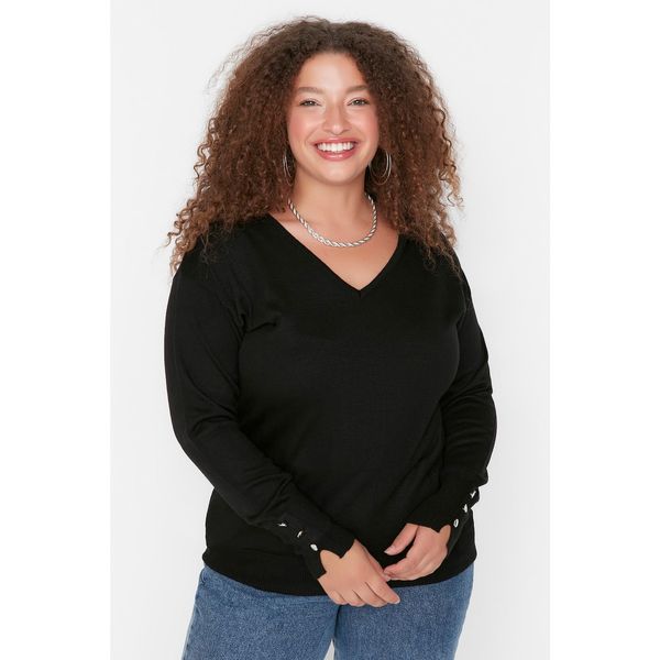 Trendyol Trendyol Curve Black V-Neck Button Detailed Knitwear Sweater