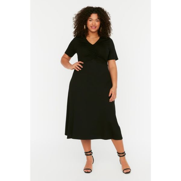 Trendyol Trendyol Curve Black V Neck Pleated Knitted Dress