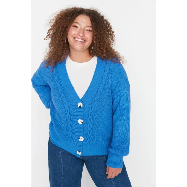 Trendyol Trendyol Curve Blue Knitted Detailed V Neck Knitwear Cardigan