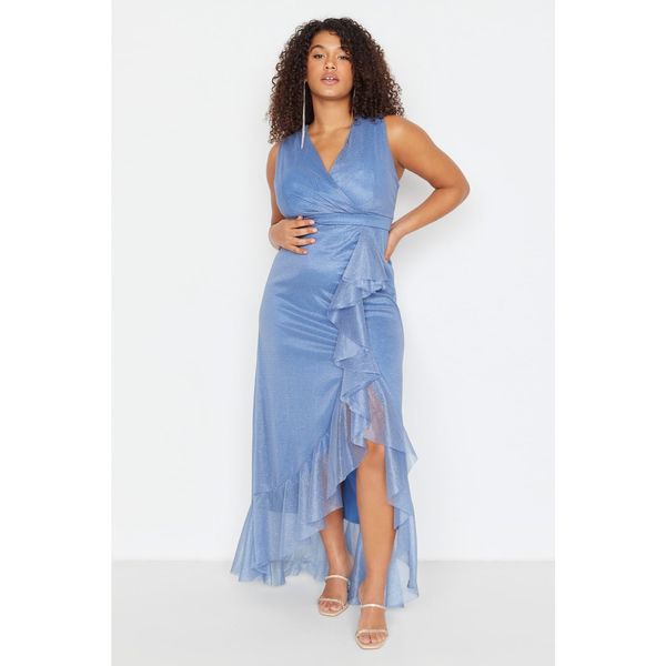 Trendyol Trendyol Curve Blue V-Neck Ruffle Woven Elegant Dress