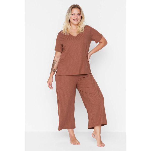 Trendyol Trendyol Curve Brown Camisole Knitted Pajamas Set