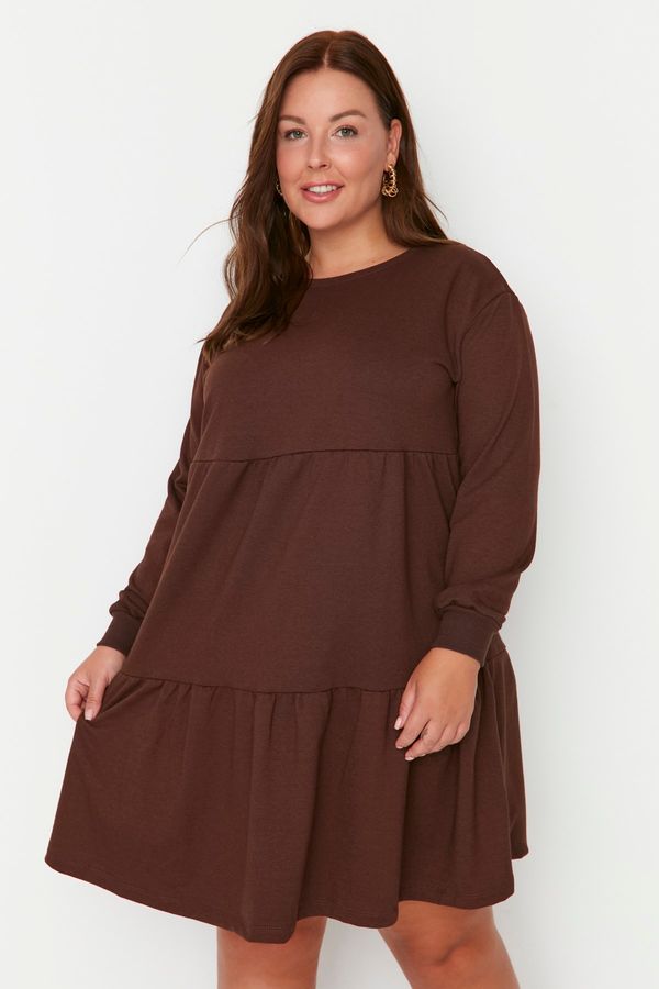 Trendyol Trendyol Curve Brown Crew Neck Ruffle Knitted Dress