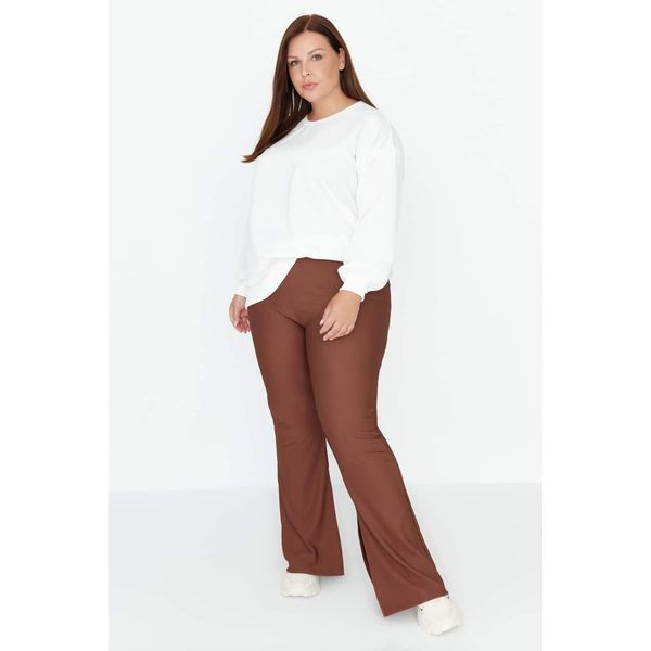 Trendyol Trendyol Curve Brown High Waist Spanish Leg Slit Detailed Knitted Trousers