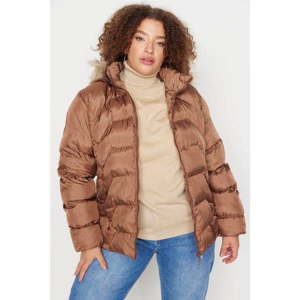 Trendyol Trendyol Curve Brown Hooded Fur Detailed Coat