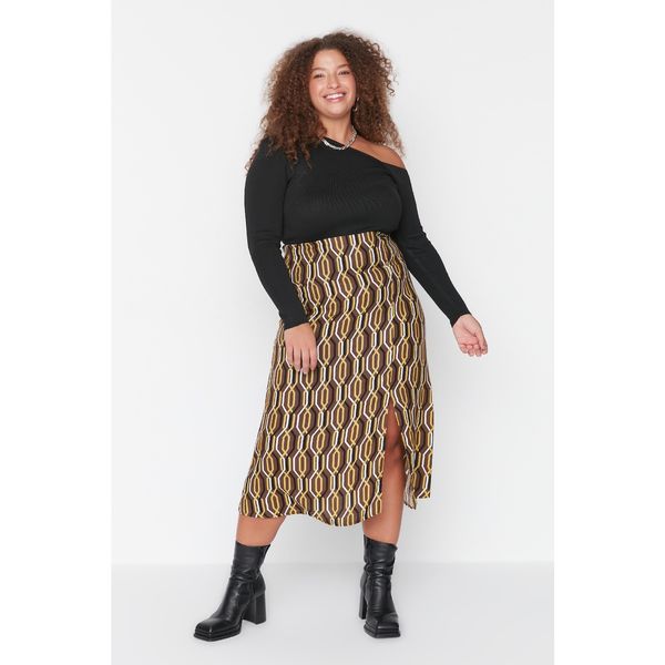 Trendyol Trendyol Curve Brown Retro Patterned Slit Viscose Woven Skirt