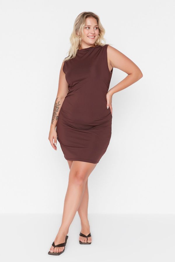 Trendyol Trendyol Curve Brown Round Neck Knitted Dress With Smocking Detail
