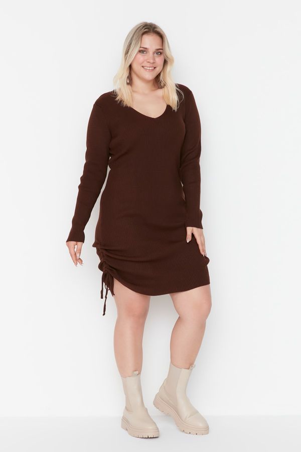 Trendyol Trendyol Curve Brown Side Pleated Knitwear Dress