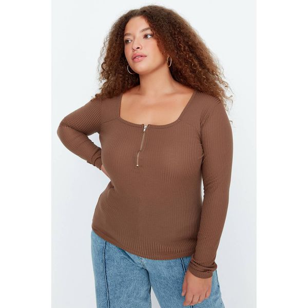 Trendyol Trendyol Curve Brown Square Collar Zippered Knitted Blouse