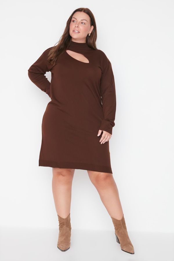 Trendyol Trendyol Curve Brown Stand Up Collar Cut Out Detailed Knitwear Dress