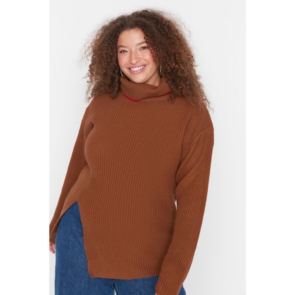 Trendyol Trendyol Curve Brown Turtleneck Slit Knitwear Sweater
