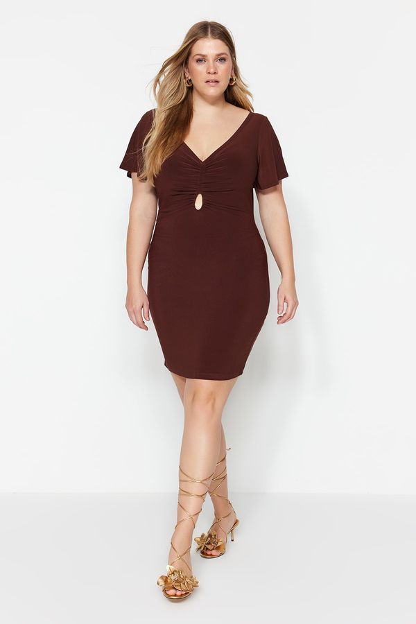 Trendyol Trendyol Curve Brown V Neck Cut Out Detailed Knitted Dress