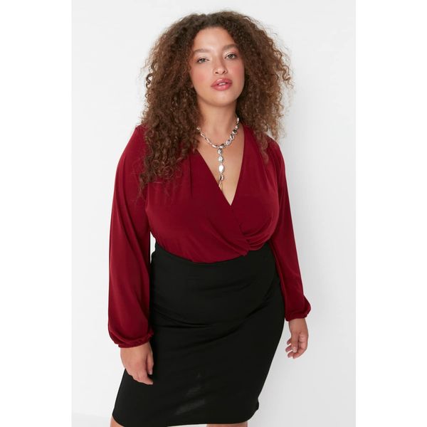 Trendyol Trendyol Curve Burgundy Double Breasted Collar Balloon Sleeve Knitted Blouse