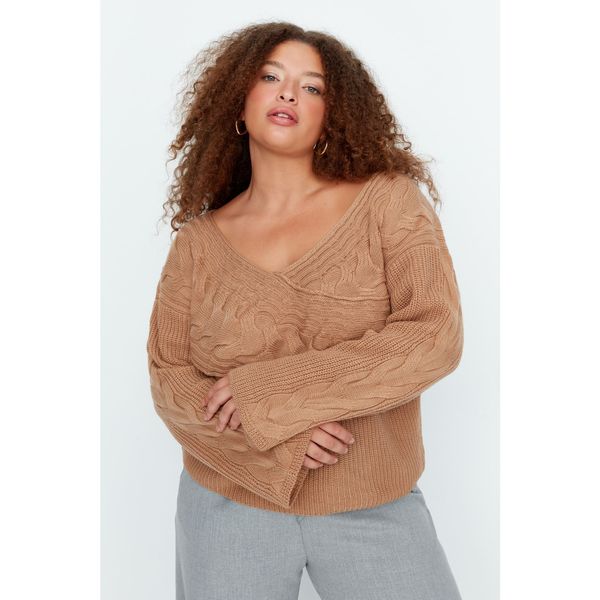 Trendyol Trendyol Curve Camel V-Neck Knit Detailed Knitwear Sweater