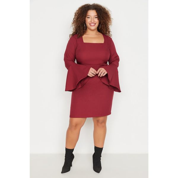 Trendyol Trendyol Curve Claret Red Ruffled Sleeves Woven Dress