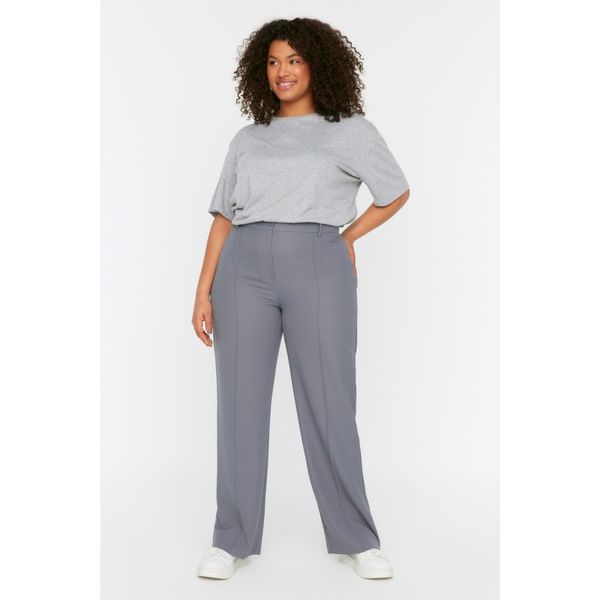 Trendyol Trendyol Curve Gray High Waist Rib Stitched Cropped Hem Woven Trousers