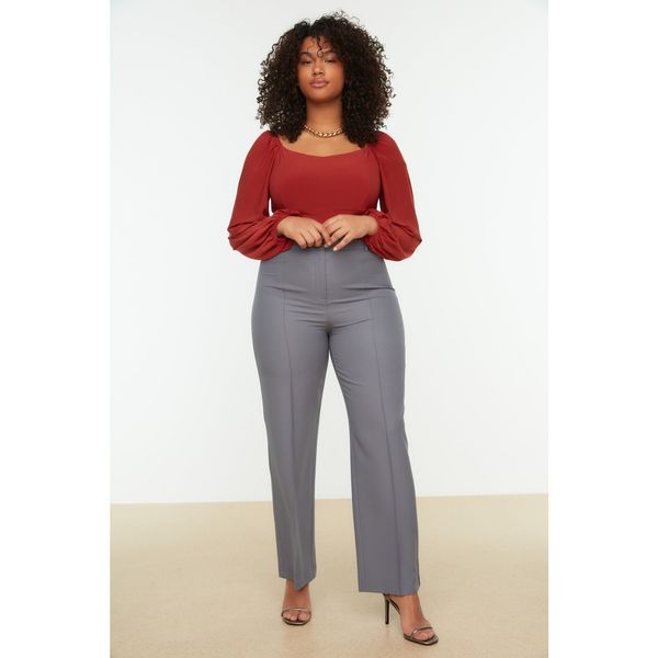 Trendyol Trendyol Curve Gray High Waist Rib Stitched Cropped Hem Woven Trousers