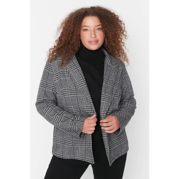Trendyol Trendyol Curve Gray Plaid Pocket Knitted Jacket