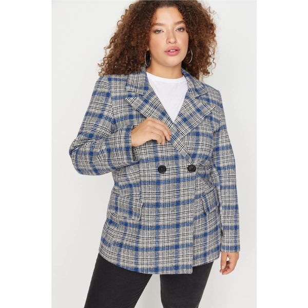 Trendyol Trendyol Curve Gray Plaid Woven Blazer Jacket