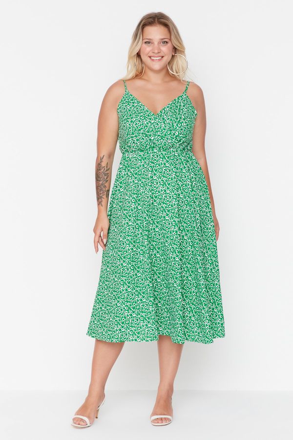 Trendyol Trendyol Curve Green Double Breasted Collar Floral Patterned Strap Knitted Dress