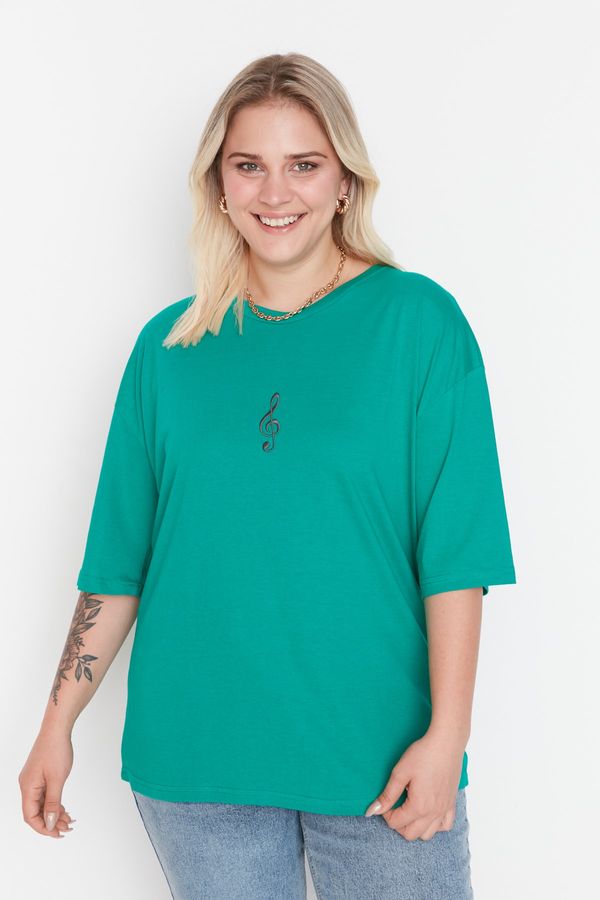 Trendyol Trendyol Curve Green Embroidered Knitted T-Shirt