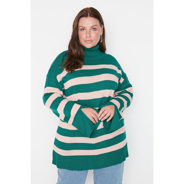 Trendyol Trendyol Curve Green Turtleneck Striped Knitwear Sweater