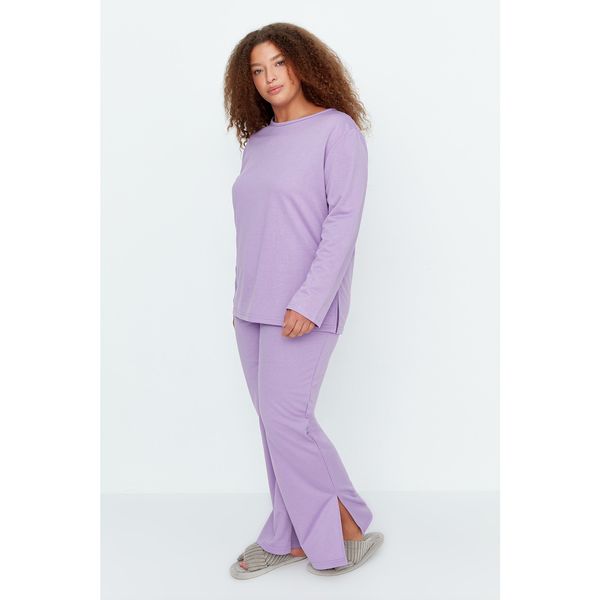 Trendyol Trendyol Curve Lilac Crew Neck Slit Detailed Knitted Pajamas Set