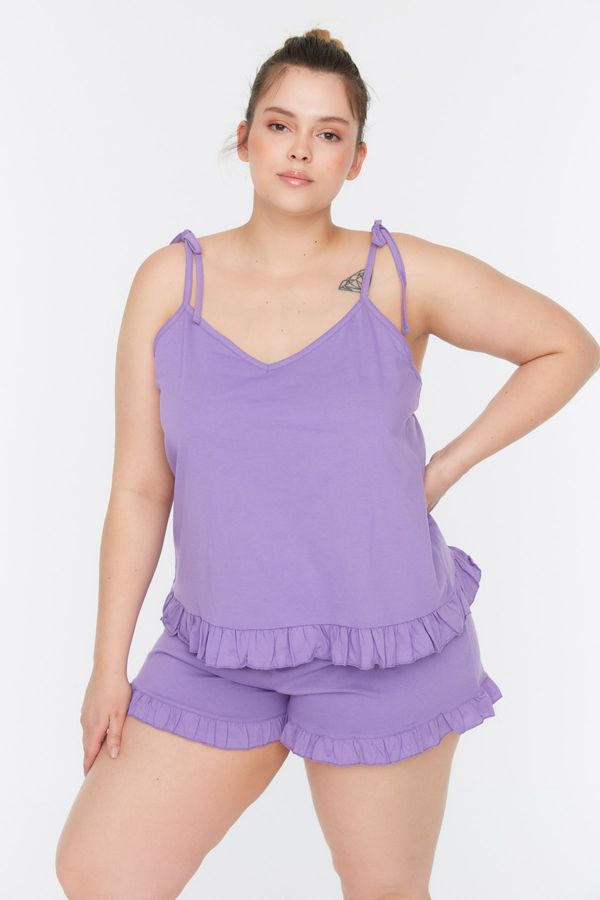 Trendyol Trendyol Curve Lilac Ruffle Detailed Strap Knitted Pajamas Set