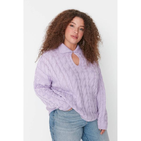 Trendyol Trendyol Curve Lilac Shirt Collar Knitted Detailed Knitwear Sweater