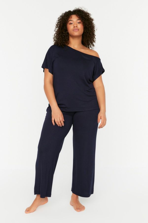 Trendyol Trendyol Curve Navy Blue Low Shoulder Detailed Knitted Pajamas Set