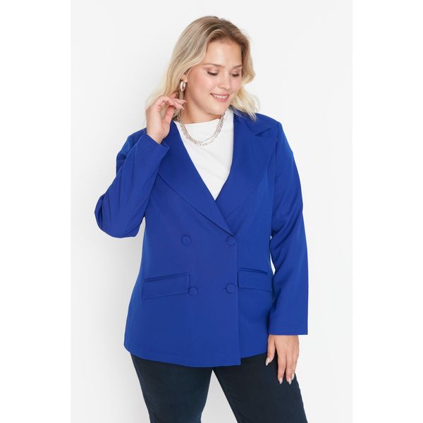 Trendyol Trendyol Curve Navy Blue Pocket Detailed Double Closed Blazer Woven Jacket
