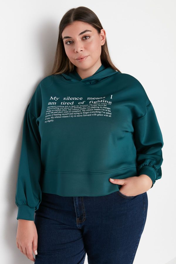 Trendyol Trendyol Curve Oil Green Hoodie Printed Scuba Knitted Sweatshirt